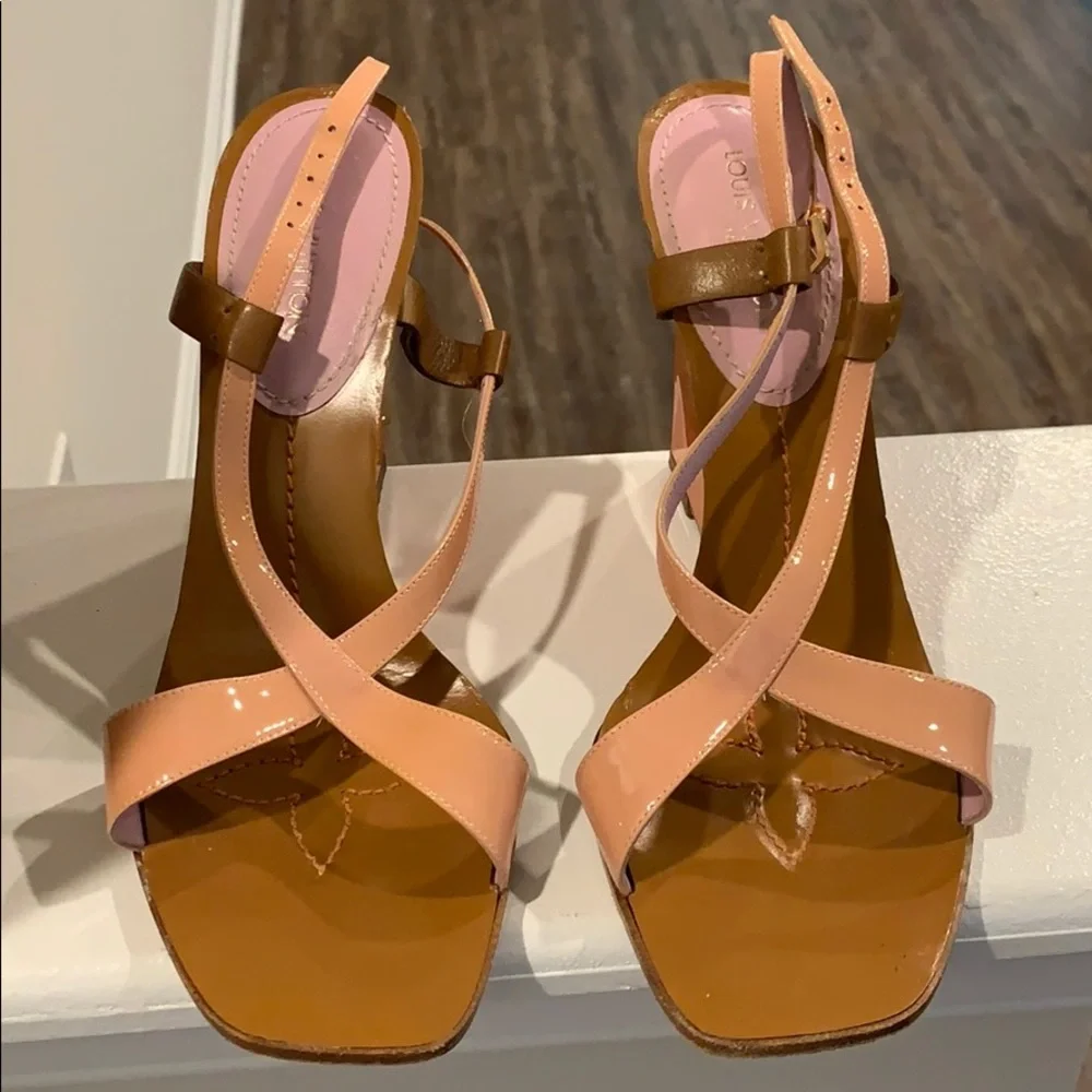 Louis Vuitton Pink and Brown Patent Leather Wedge Sandals